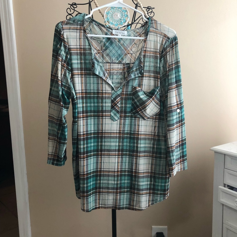 Eden & Olivia sheer plaid top